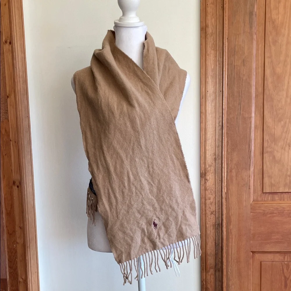 POLO RALPH LAUREN Camel Fringe Lambswool Scarf Vintage